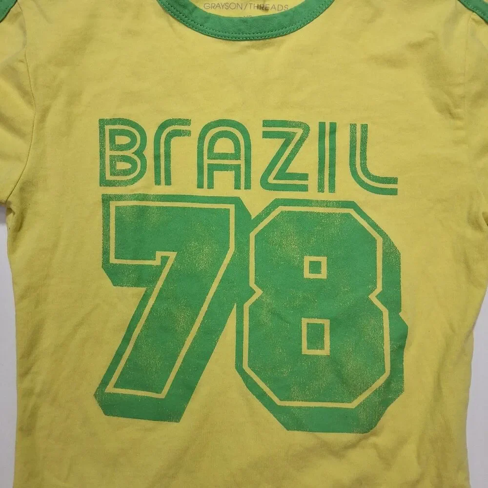 Grayson/Threads Girls XS Yellow/Green Brazil 78 Graphic Ringer Crew Tee Flaw